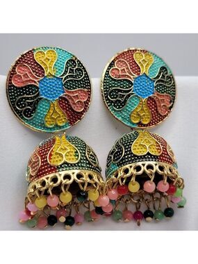 ✨2/$10✨ Gold Jhumki Earrings with Multicolor Beads Ethnic Statement Jewelry